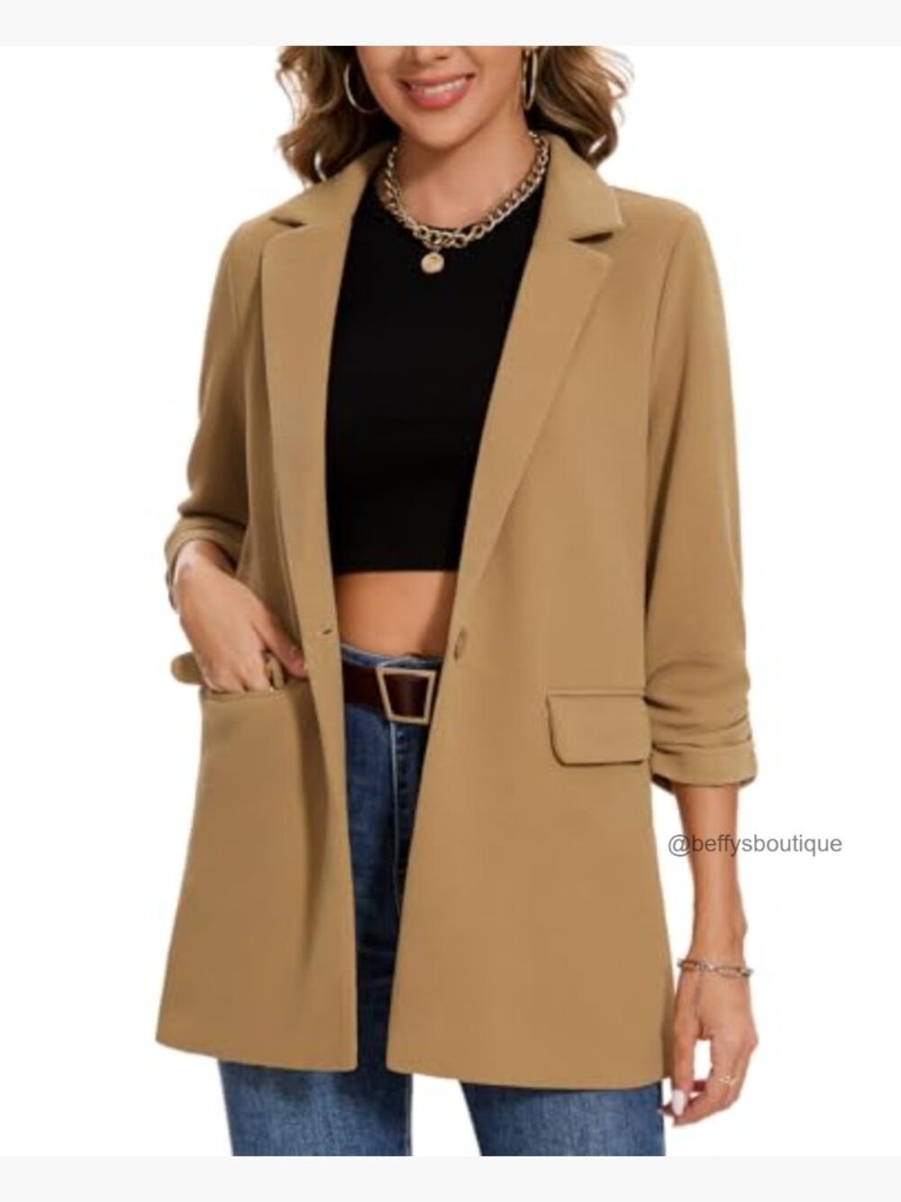 Casual Long Blazer 3/4 Ruched Sleeve Lapel Button Front Work Office Blazer - Picture 5 of 7